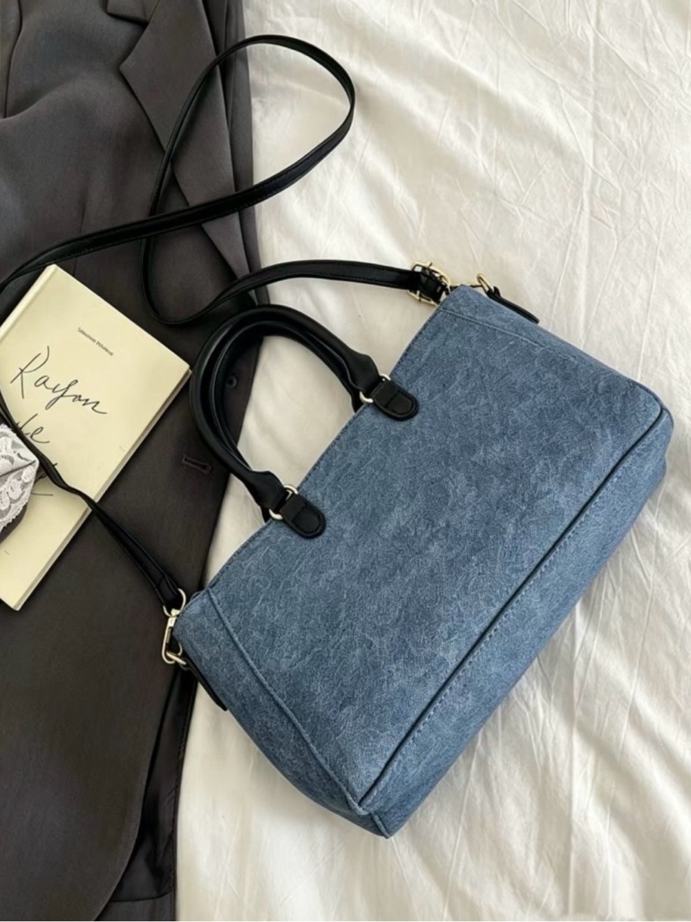 New Zenana denim pocket patch tote bag with Crossbody - Picture 3 of 5